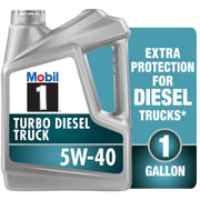 Mobil 1 front view of 1 gallon bottle showing clear product branding and easy handling benefit