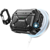 MOBOSI front view of case showing durable shell and sleek black finish protecting charging case