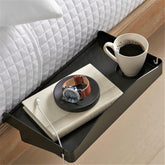 Modern Innovations front view of clip-on bedside shelf showing compact tray and cup holder benefit