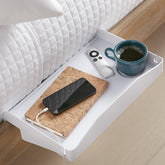Modern Innovations front view of white bedside shelf showing tray and cup holder benefit convenience