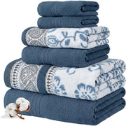 Modern Threads front view of navy towel set showing coordinated pieces and styling benefit