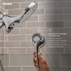 Moen fixed rain head detail showing wide coverage for soothing shower experience
