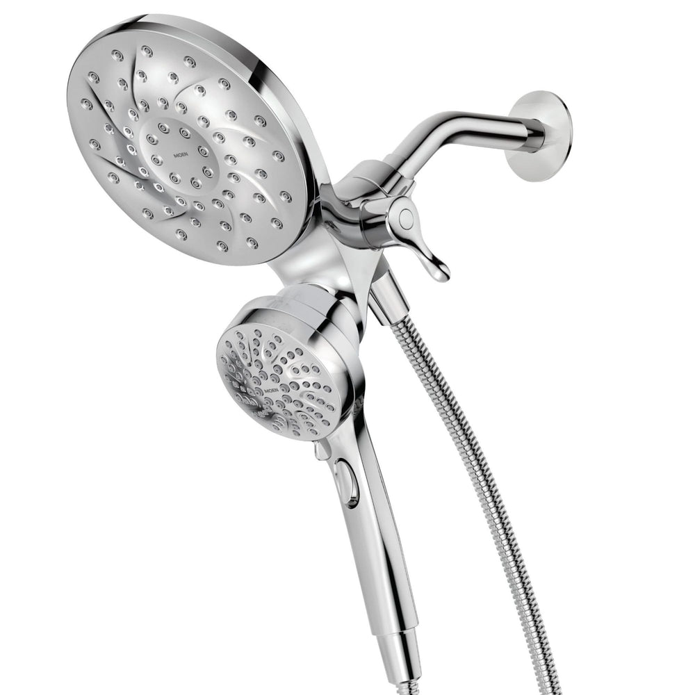 Moen handheld and rain head front view showing sleek chrome and dual functionality