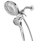 Moen handheld and rain head front view showing sleek chrome and dual functionality