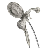 Moen Engage Magnetix front assembly shows dual rain and handheld heads for versatile showers