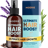 Moerie front bottle view showing spray for fuller-looking hair and easy application
