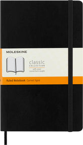 Moleskine tapa blanda frente mostrando cubierta negra y cierre elástico, portátil y elegante