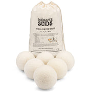 Molly's Suds vista frontal del pack de seis bolas de lana blanco, ahorro energético