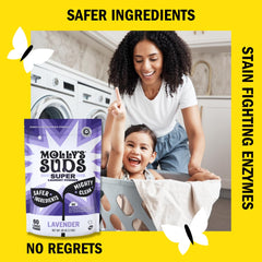Molly's Suds cucharada dosificando polvo para ahorro y rendimiento