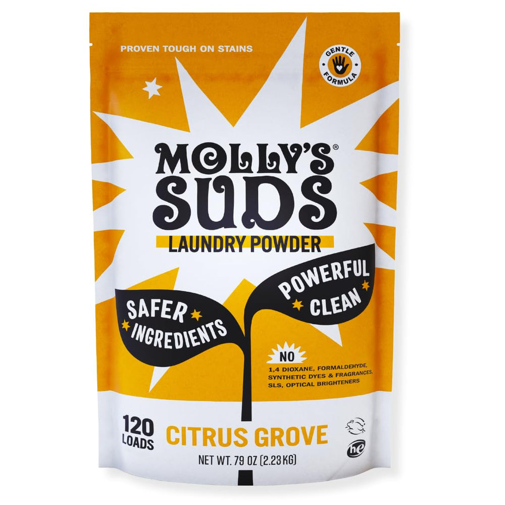 Molly's Suds empaque delantero Citrus Grove mostrando tamaño y beneficio de 120 lavados