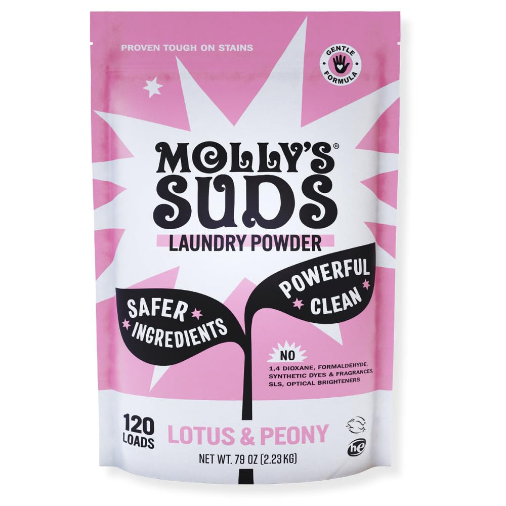 Molly's Suds frente del paquete que muestra la presentación y rendimiento