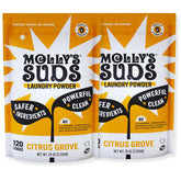 Molly's Suds front packaging Citrus Grove showing clean ingredient transparency and volume benefit