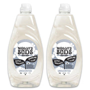 Molly's Suds frontal del paquete mostrando las dos botellas y beneficio de limpieza potente