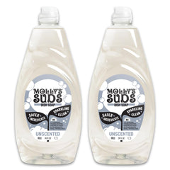 Molly's Suds frontal del paquete mostrando las dos botellas y beneficio de limpieza potente
