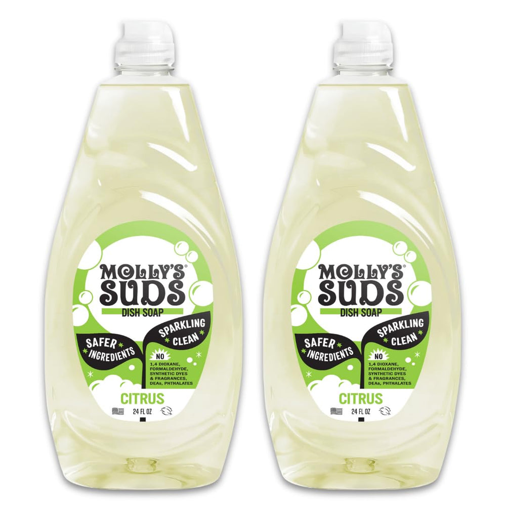 Molly's Suds botella frontal mostrando etiqueta clara y beneficios