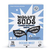 Molly's Suds empaque frontal Ocean Mist mostrando diseño y beneficio ecológico