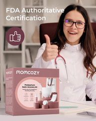 Momcozy botella perineal en acción limpiando sin agacharse, higiene práctica