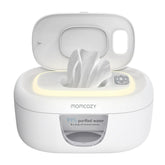 Momcozy vista frontal del calienta toallitas con diseño elegante y acceso rápido