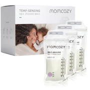 Momcozy front pack showing 200-count bags and benefits for convenient storage