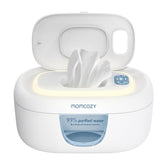 Momcozy front view of wipe warmer showing compact dispenser and easy-access lid benefit