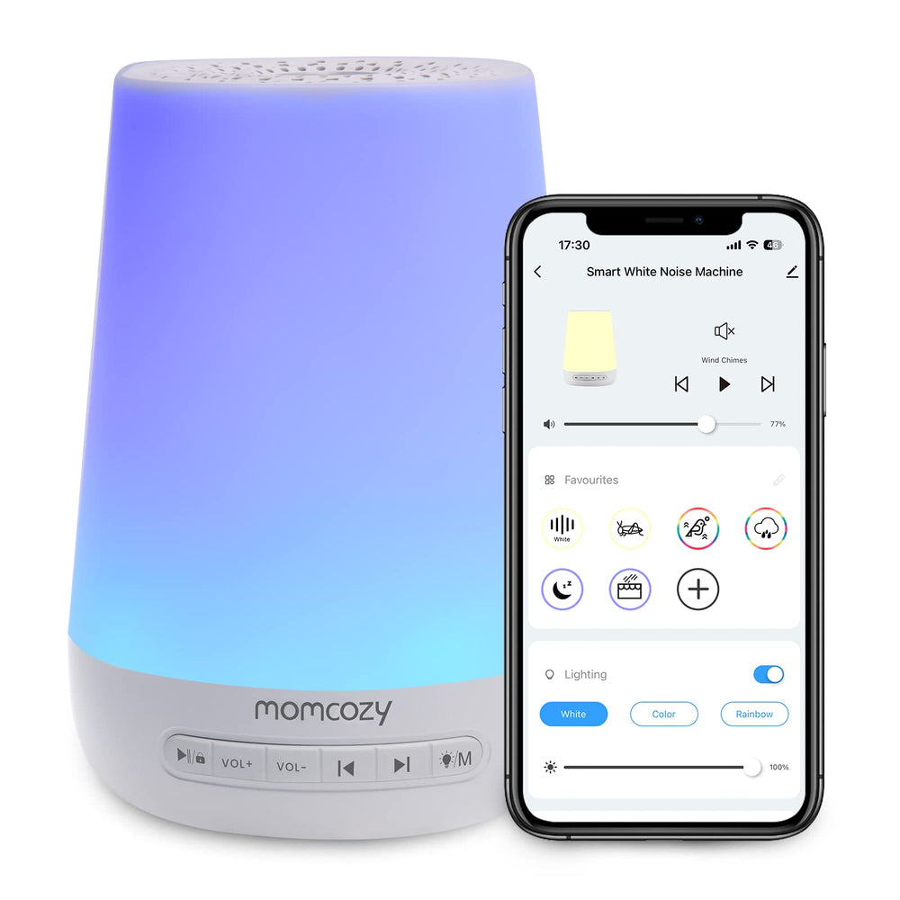 Momcozy front view of sound machine showing night light and speaker, creates calm sleep environment