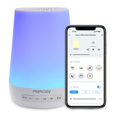 Momcozy front view of sound machine showing night light and speaker, creates calm sleep environment