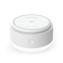 Momcozy vista frontal del dispositivo mostrando controles y diseño portátil para dormir