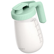 Momcozy glass pitcher front view showing 32oz capacity and green finish benefit easy identification