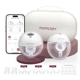 Momcozy M5 front packaging in quill gray showing product and benefits