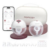 Momcozy M5 front view in Cozy Red showing compact pump and discreet design benefits