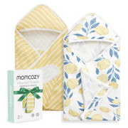 Momcozy toalla con capucha frontal muestra diseño Lemon y comodidad