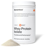 Momentous front packaging showing clean unflavored whey isolate and branding benefits