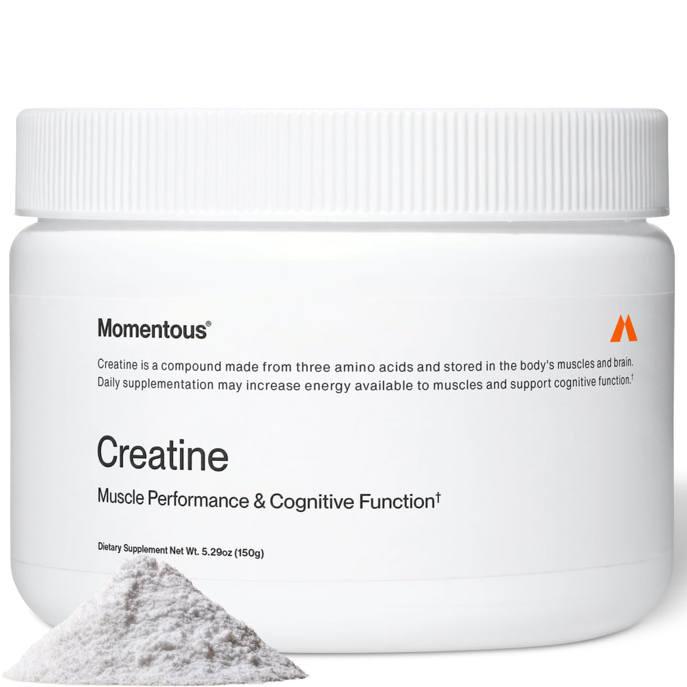 Momentous jar front view showcasing unflavored creatine and clean packaging benefit