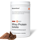 Momentous chocolate whey isolate front packaging showing clean label and benefits