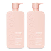 MONDAY HAIRCARE set frontal mostrando botellas rosas y beneficio suavidad