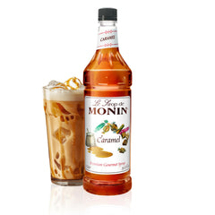 Monin botella frontal 1 litro mostrando etiqueta clara y certificaciones
