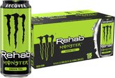 Monster Rehab Green Tea front can showing branding and low-calorie appeal