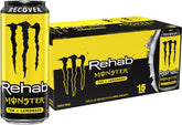 Monster Rehab Tea + Lemonade front can showing branding and flavor, enticing refreshment