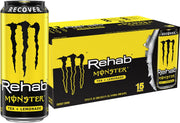 Monster Rehab Tea + Lemonade front can showing branding and flavor, enticing refreshment