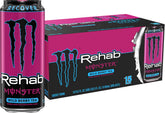 Monster Rehab front can showing wild berry tea design and low-calorie benefit