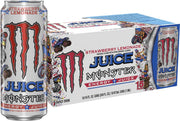 Monster strawberry lemonade front can showing branding and flavor, quick energy boost