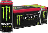 Monster Strawberry Shot front packaging showing 16 oz can and strawberry flavor benefit