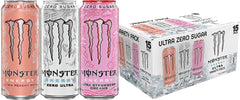 Monster lata frontal del pack mostrando tres sabores y diseño reconocible, energía sin azúcar