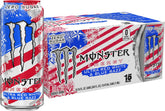 Monster Ultra Red White Blue Razz front pack showing 15 cans and branding, easy stocking benefit