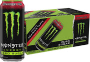 Monster lata frontal muestra diseño verde y sabor fresa, energía sin azúcar