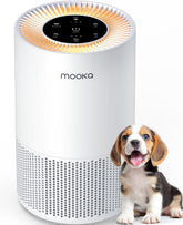MOOKA vista frontal del purificador mostrando diseño moderno y beneficio limpieza rápida