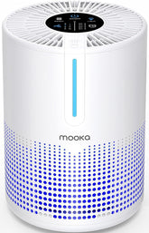 MOOKA vista frontal del purificador mostrando diseño compacto y beneficio de ahorro de espacio