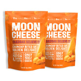 Moon Cheese front packaging showing 2-pack and cheddar branding for convenient snacking
