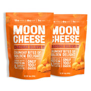 Moon Cheese front packaging showing 2-pack and cheddar branding for convenient snacking