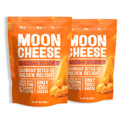 Moon Cheese front packaging showing 2-pack and cheddar branding for convenient snacking